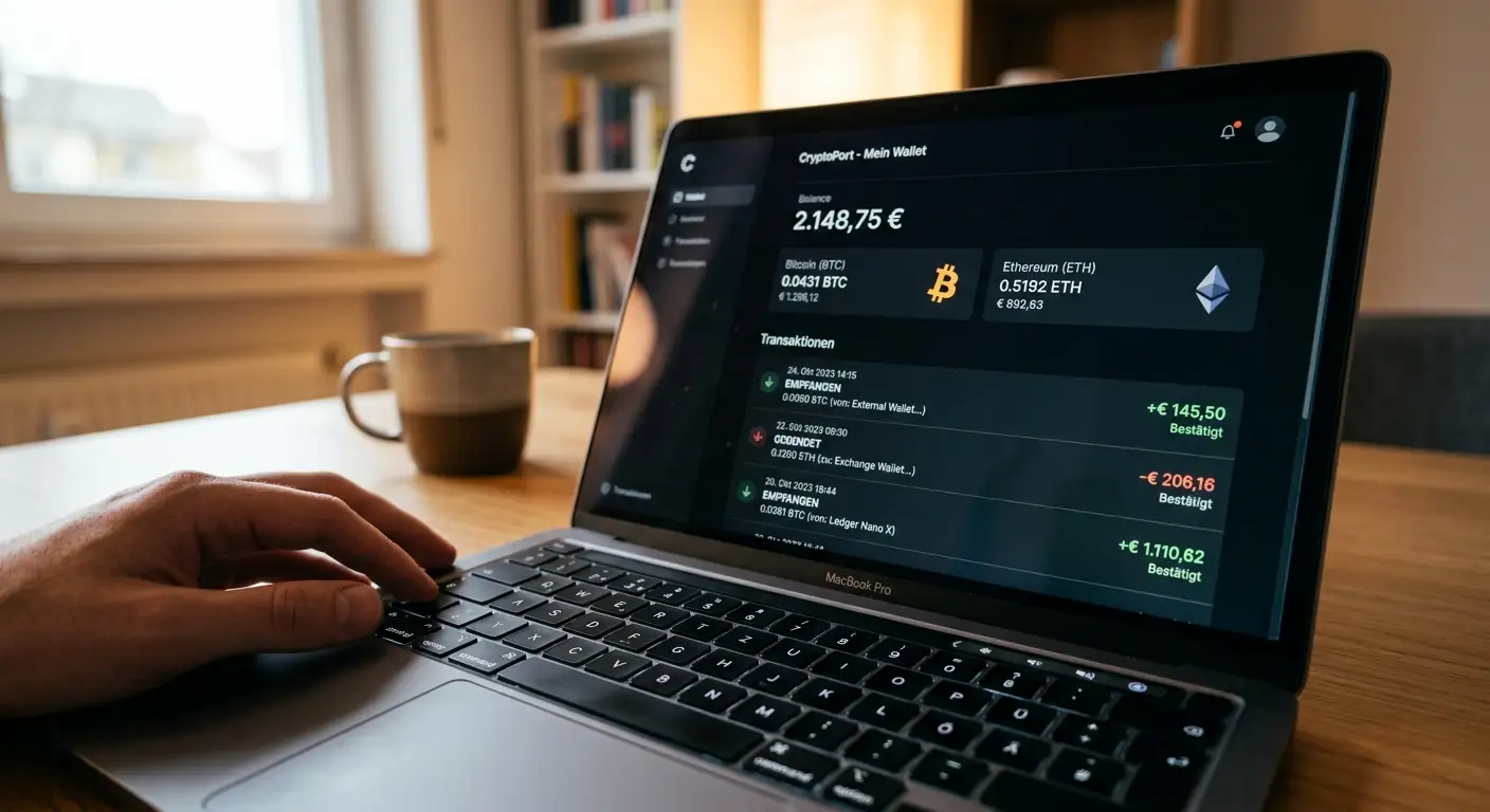 Crypto-Casino – Laptop zeigt Wallet-Oberfläche mit Bitcoin und Ethereum