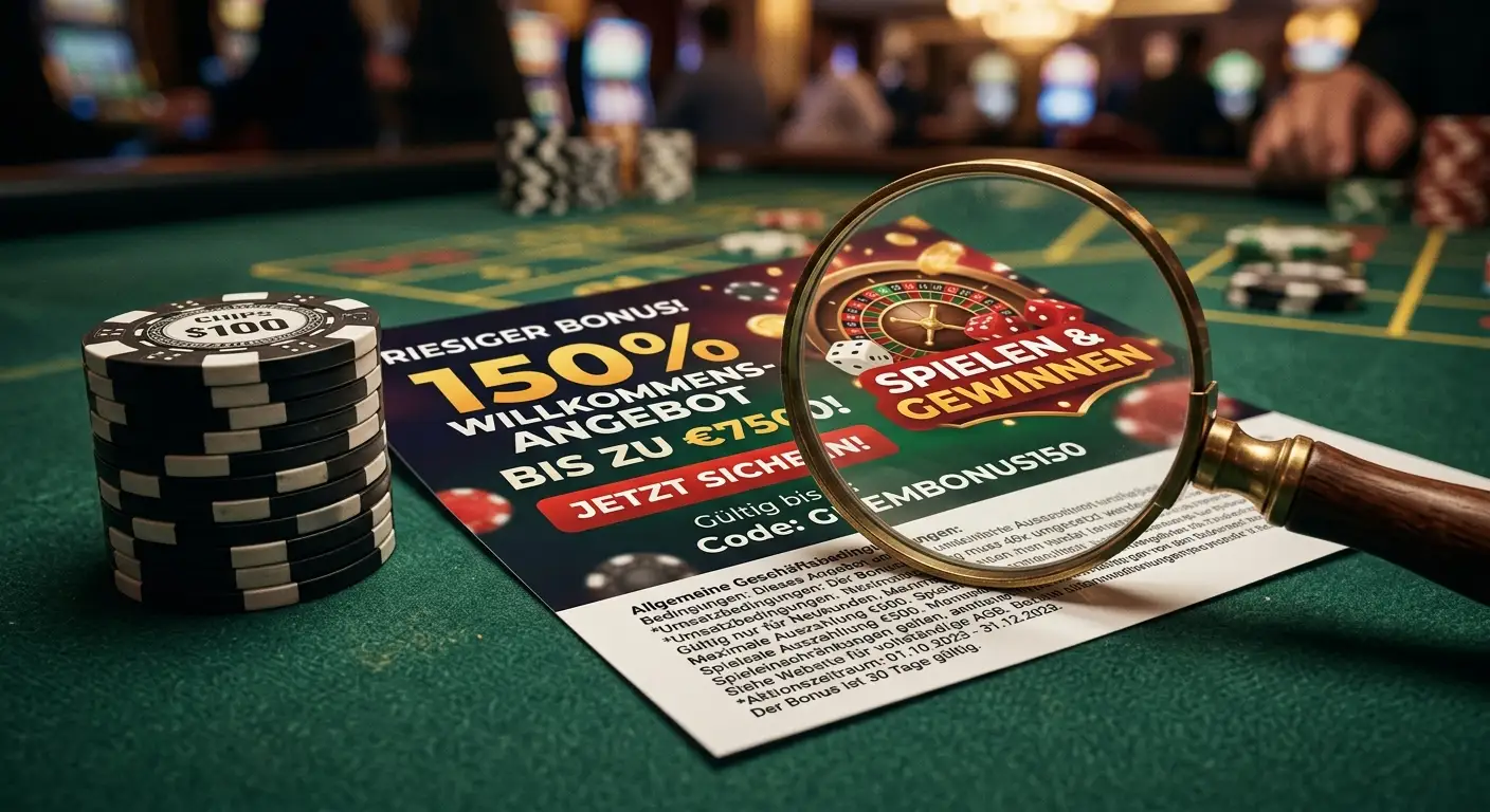 Crypto-Casino Bonus – Stapel Casino-Chips und Vergrößerungsglas