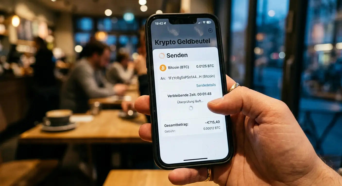 Bitcoin Auszahlung – Smartphone zeigt Wallet-Transaktion