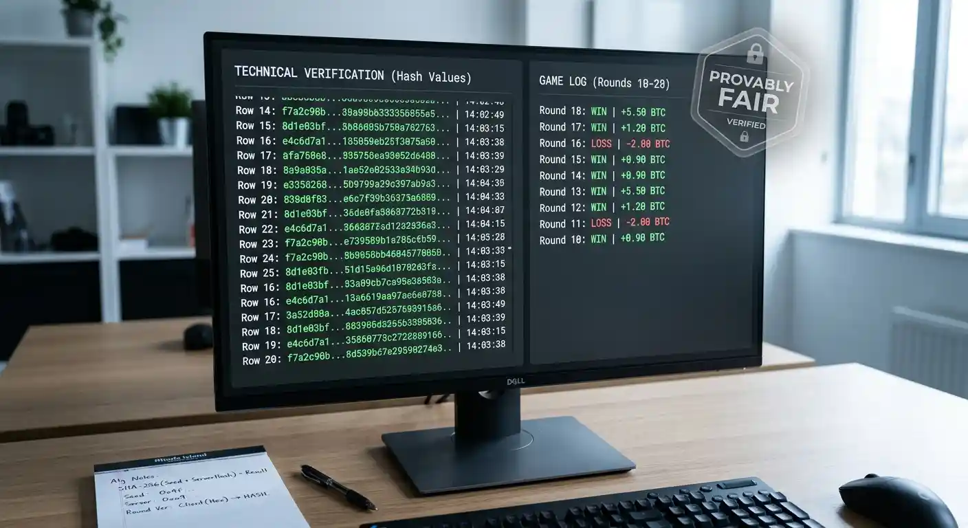 Provably Fair – Bildschirm zeigt SHA-256 Hash und Spielergebnis