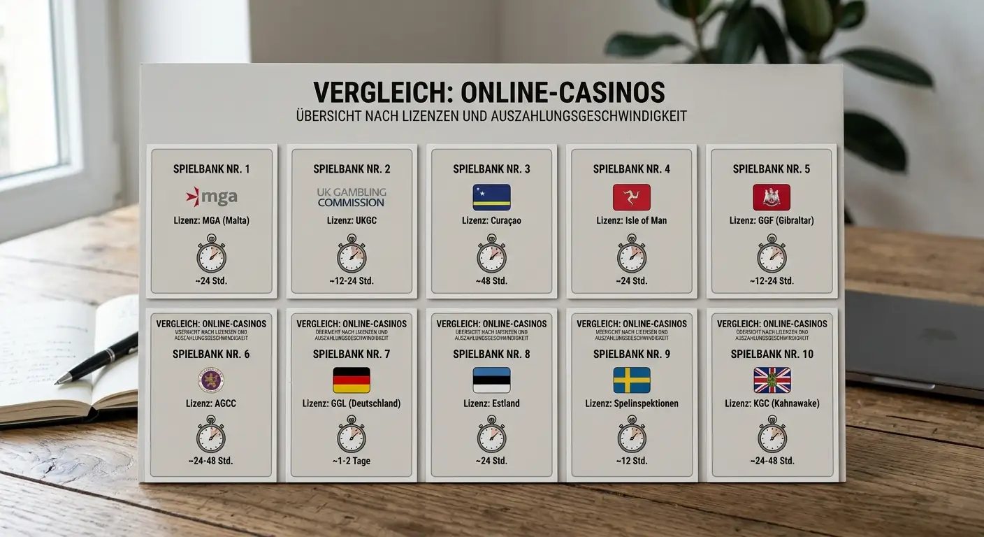 Vergleichstabelle: Die 10 besten Casinos ohne Verifizierung mit Lizenzstatus und Auszahlungsdauer