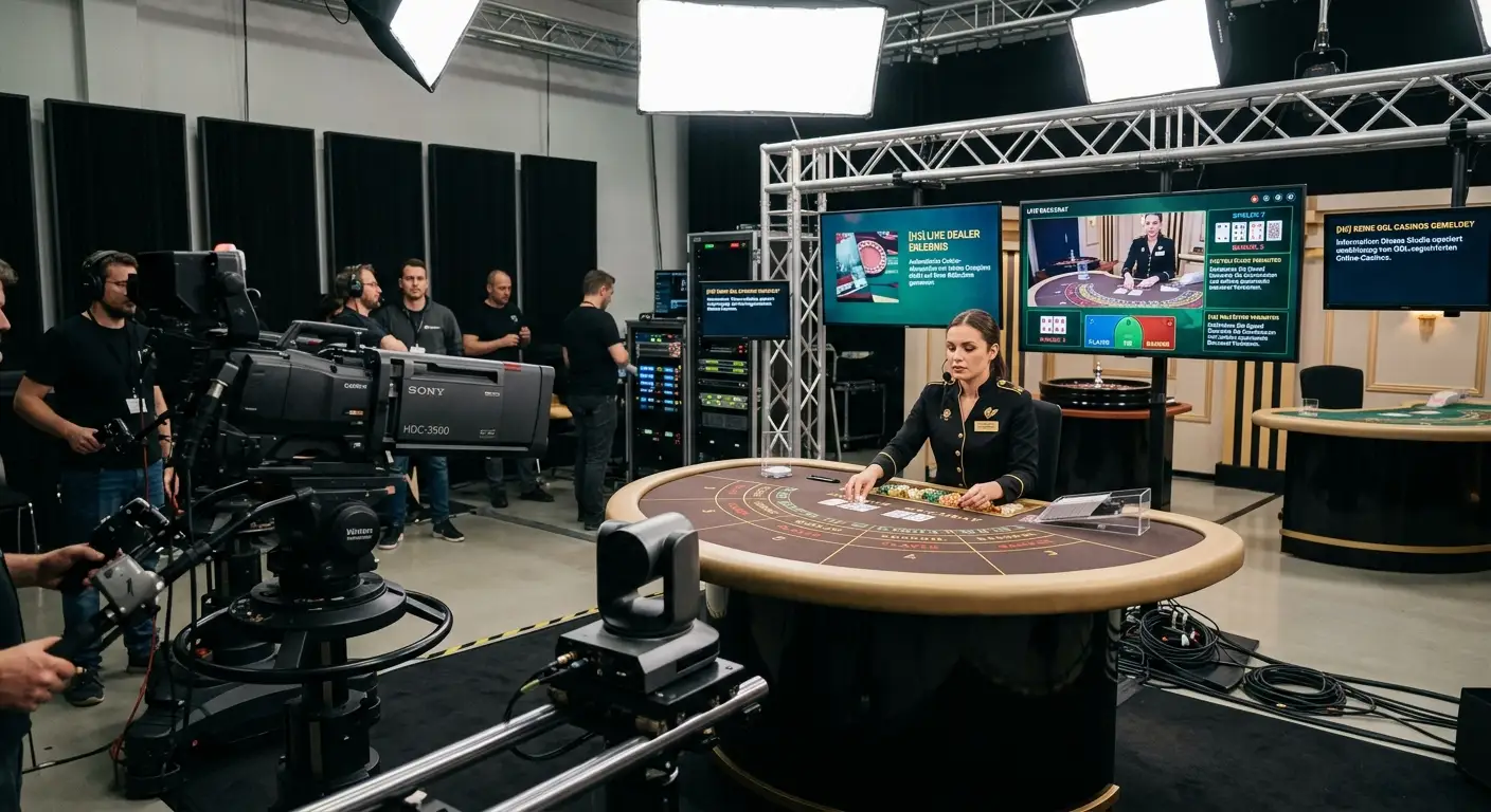 Live-Dealer am Baccarat-Tisch vor Kameras im Studio
