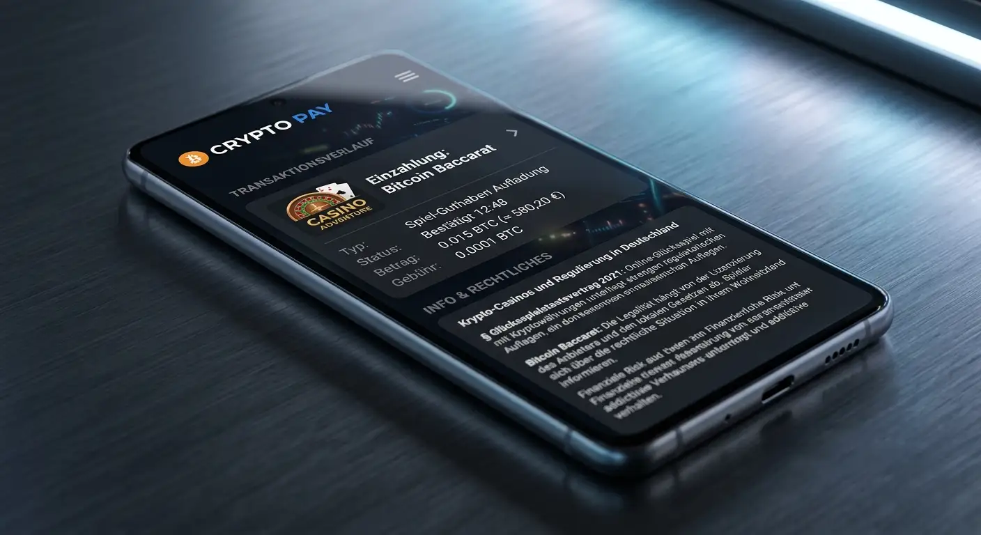 Bitcoin-Symbol auf Smartphone mit Casino-App im Hintergrund