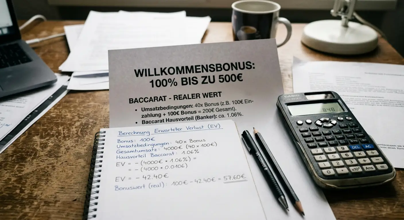 Willkommensbonus-Angebot auf Casino-Webseite mit Bonusberechnung