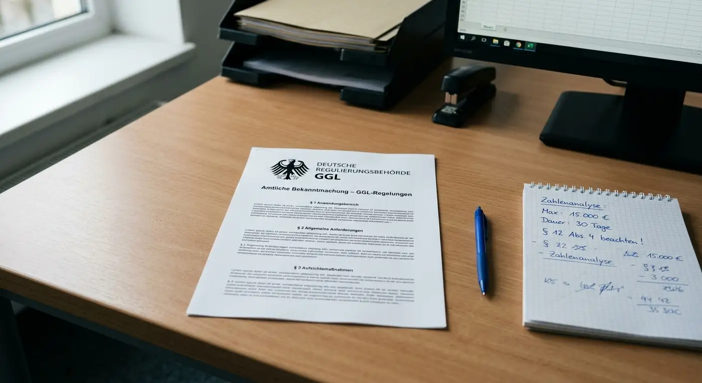 Gesetzbuch und GGL-Logo auf Schreibtisch, Symbol für Glücksspielregulierung