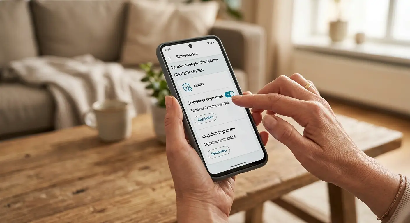 Hände halten Smartphone mit Selbstausschluss-Option in einer Casino-App