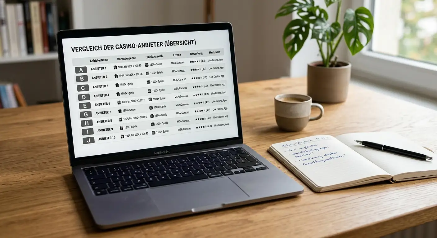 Vergleichstabelle mit Google Pay Casinos auf Bildschirm