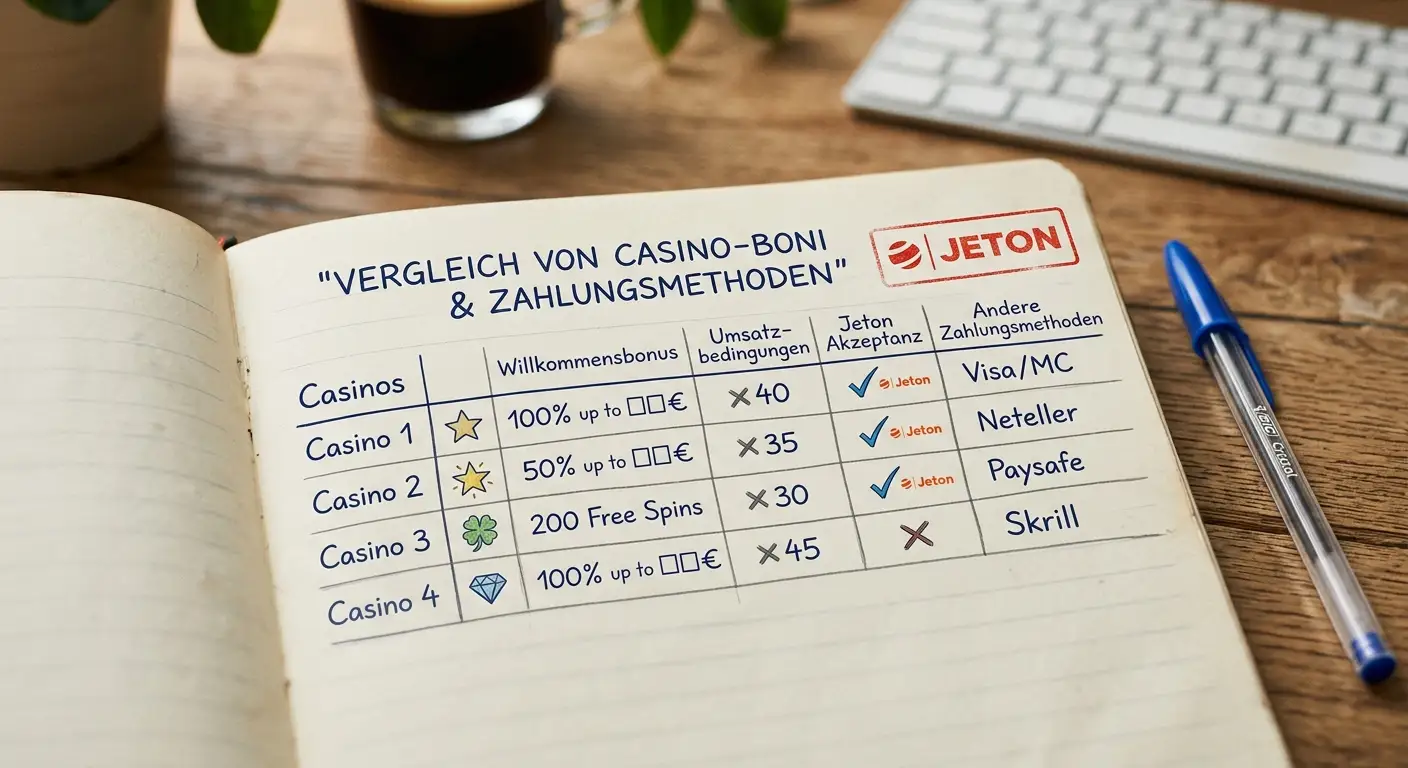 Vergleichstabelle der besten Jeton-Casinos 2026 mit Lizenz, Bonus und Auszahlungsdauer