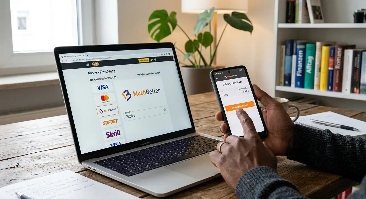 Einzahlung und Auszahlung mit MuchBetter – Kassenbereich eines Online-Casinos und Wallet-App