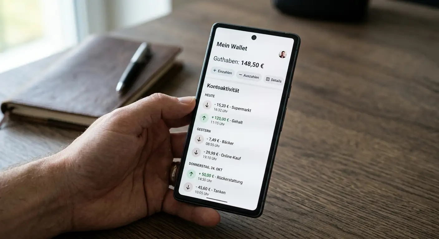 Skrill Wallet-Übersicht mit Ein- und Auszahlungs-Historie
