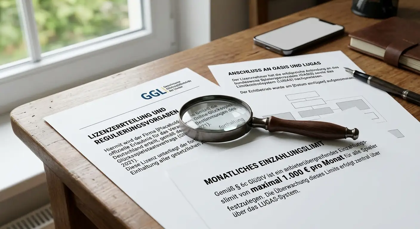 Legalitäts-Bild: GGL-Lizenz, OASIS-Sperrsystem und LUGAS-Einzahlungslimit – regulatorische Dokumente auf einem Schreibtisch
