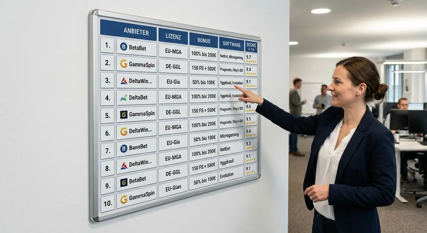 Ranking-Tafel der zehn Casinos ohne 5-Sekunden-Regel mit Lizenz-Status