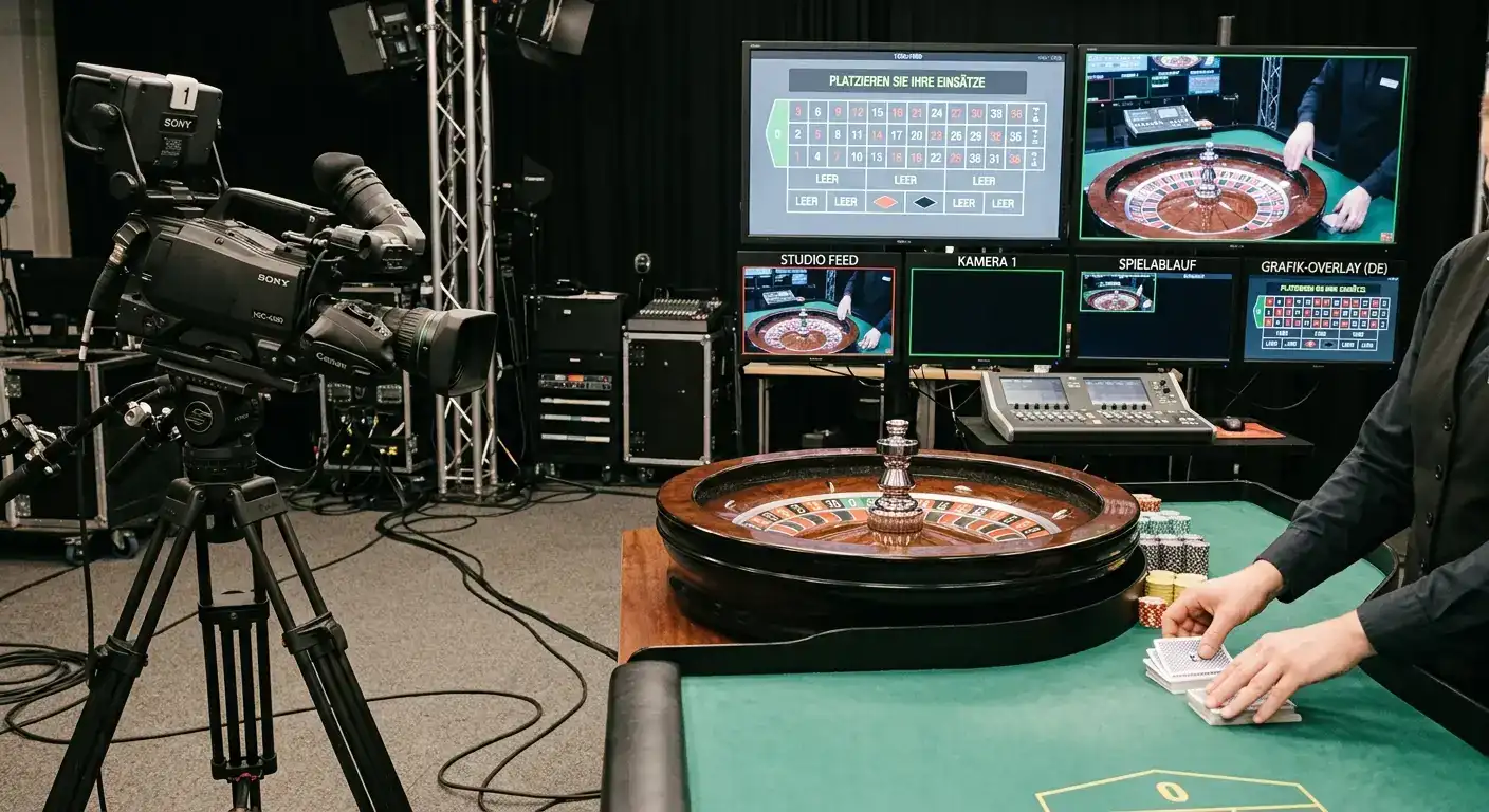 Live-Casino-Tisch mit Roulette und Blackjack-Dealern in einem Online-Casino ohne deutsche Lizenz