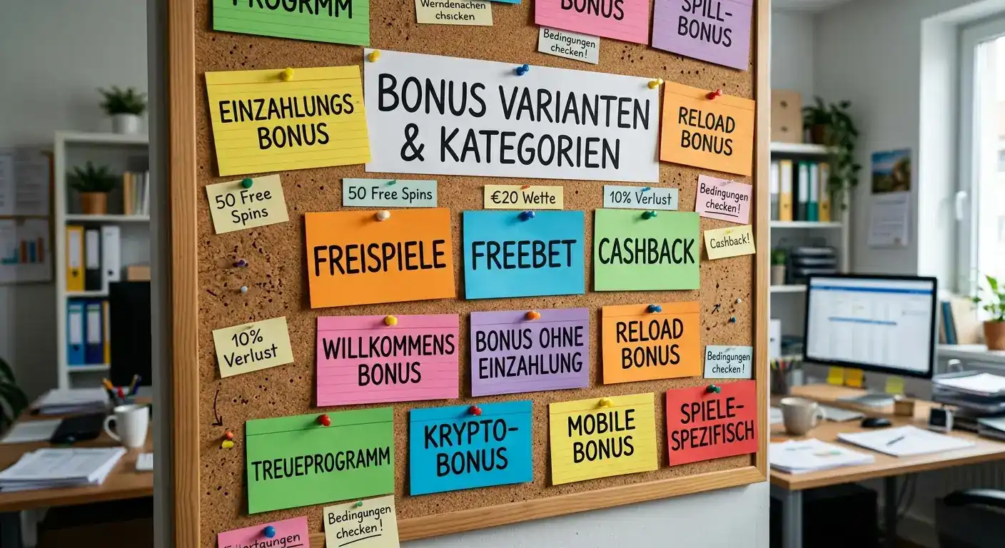 Acht Bonusvarianten: Free Spins, Bonusgeld, Freebet, Cashback — Schildchen an einer Pinnwand