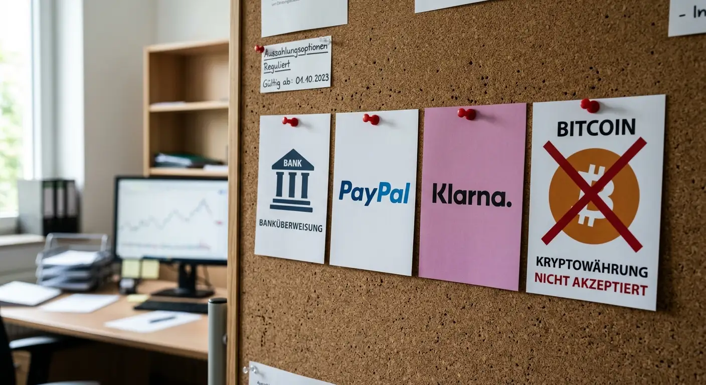 Auszahlungs-Welt: Bankkonto, E-Wallet, Kreditkarte und ein durchgestrichenes Krypto-Logo für GGL