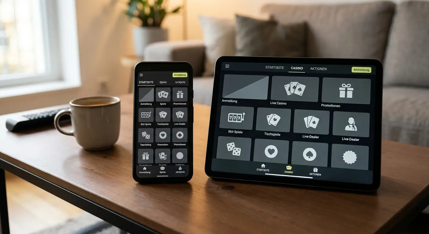 Mobile Casino-Angebote: Smartphone zeigt Slot, Tablet daneben mit Bonus-Anzeige