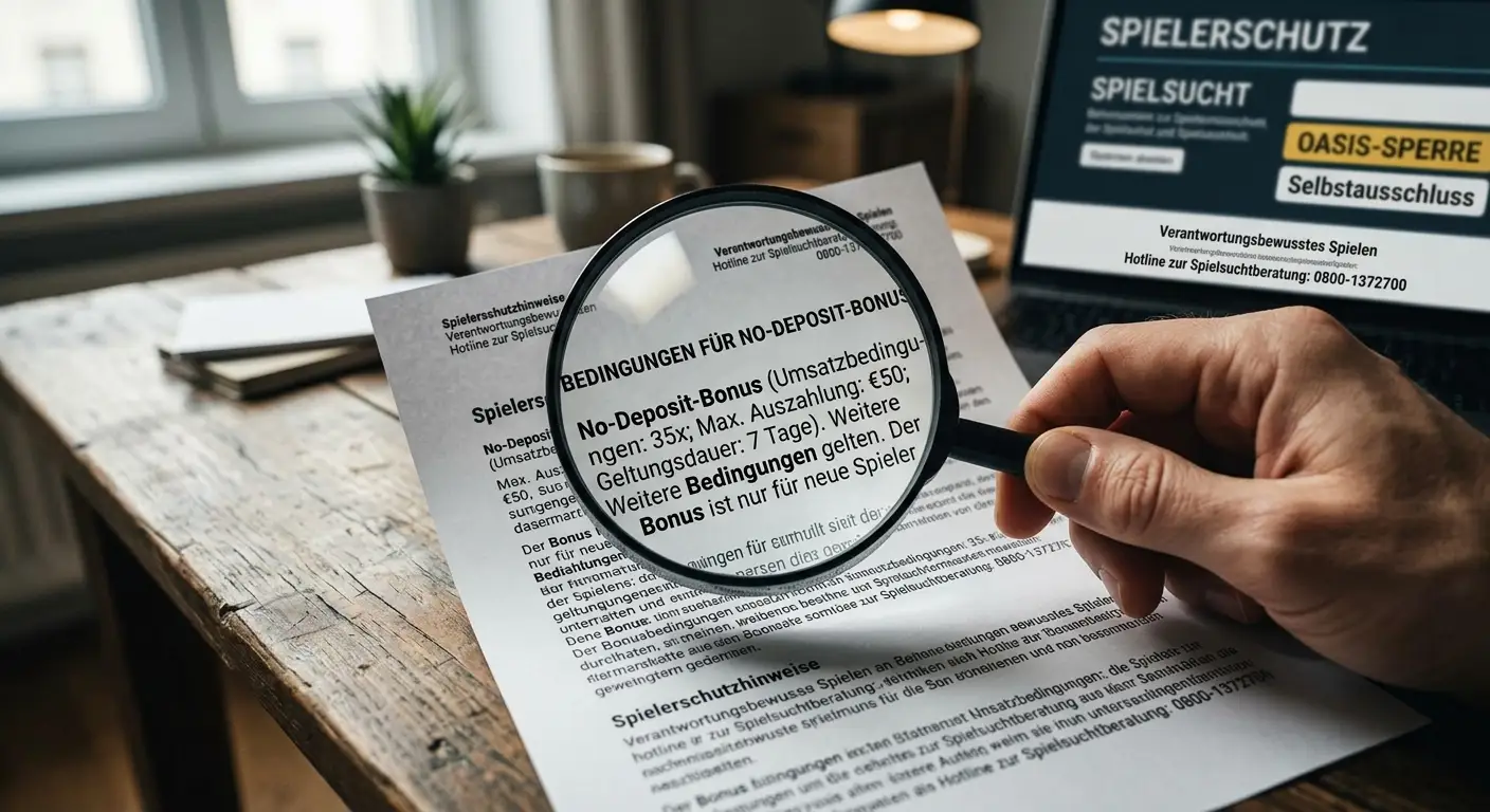 Verantwortungsvolles Spielen: Lupe über einem No-Deposit-Bonus, im Hintergrund OASIS-Sperrdatei