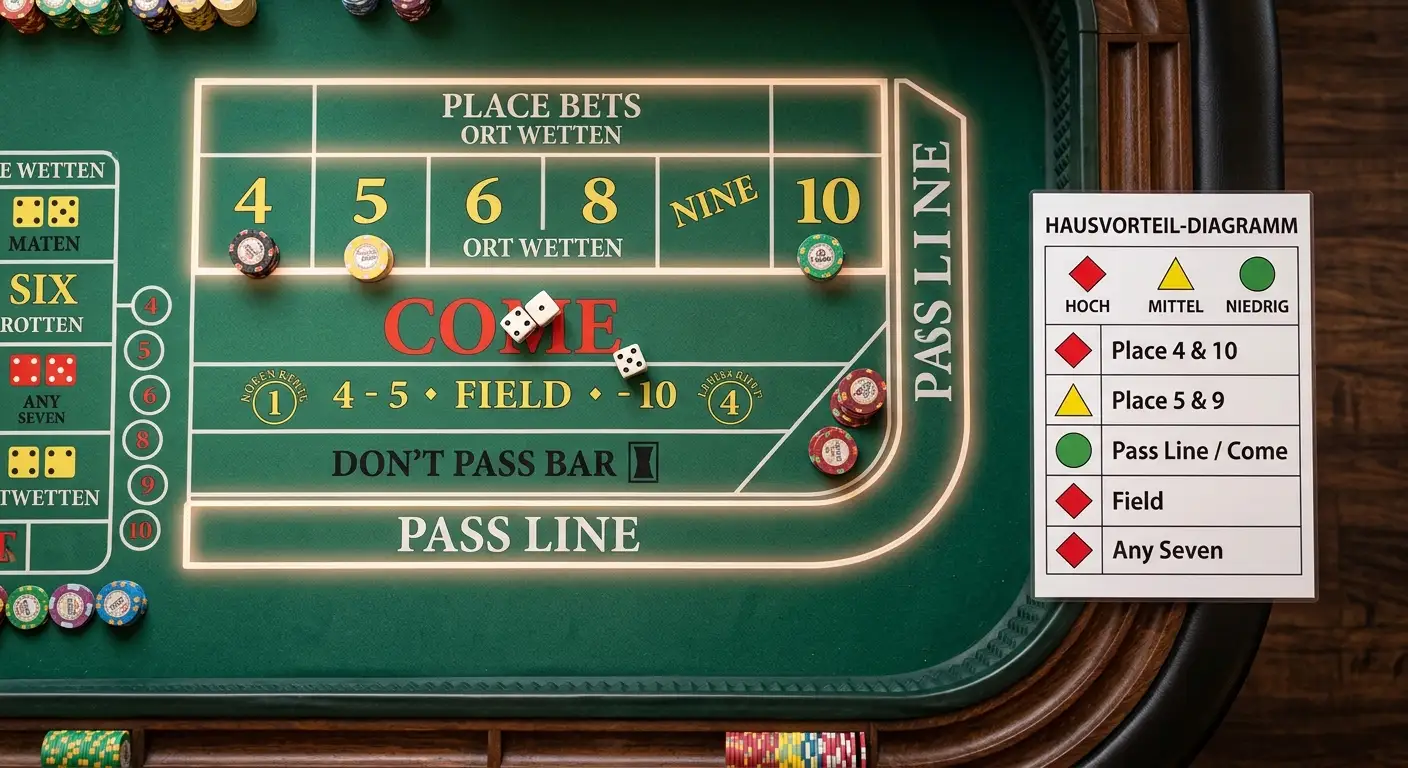 Übersicht der Craps-Wetten mit Auszahlung und Hausvorteil