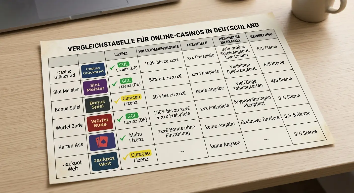 Vergleichstabelle Online-Casinos mit Lizenzstatus, Bonus und Auszahlungsmerkmalen 2026