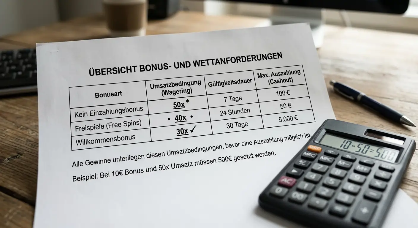 Bonusbedingungen-Tabelle: Umsatzfaktor, Gültigkeit, Max-Cashout bei No-Deposit-Angeboten