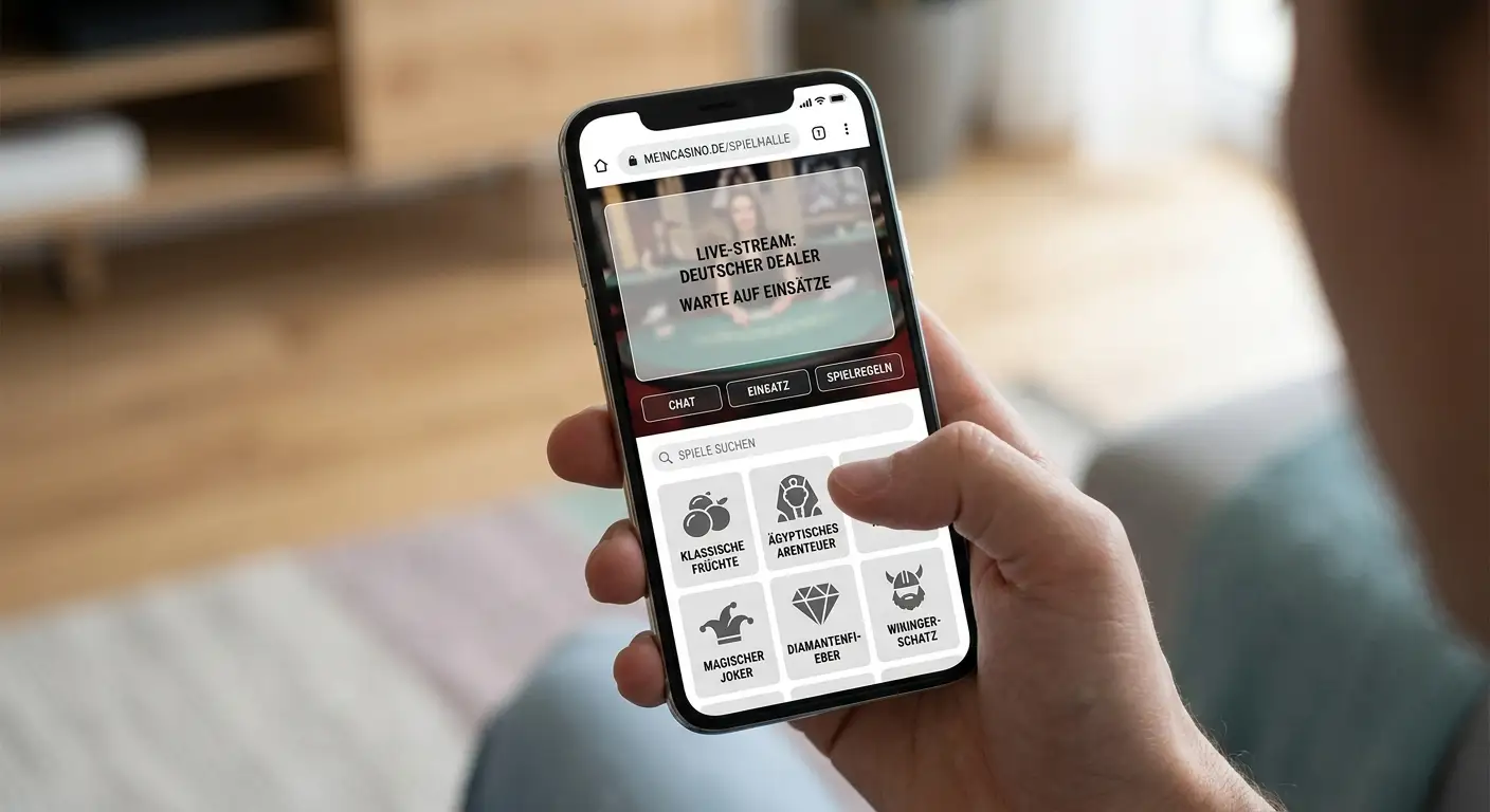 Mobile Browser mit HTML5-Slots und Live-Dealer-Stream auf dem Smartphone