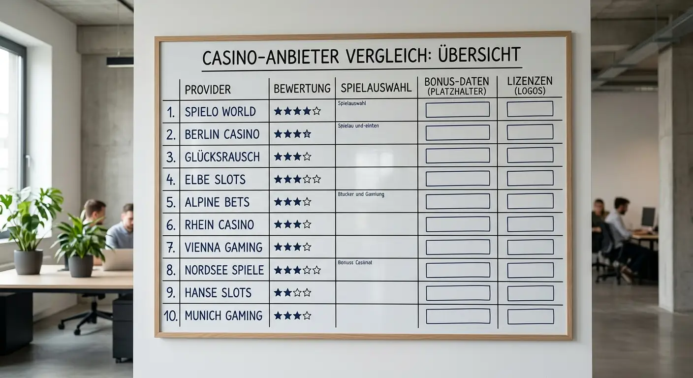 Vergleichstabelle mit zehn Casino-Anbietern Lizenz und Bonus